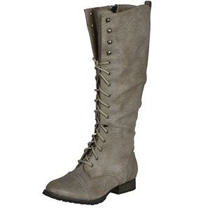 Breckelles Round Toe Lace Up Combat Knee High Boot